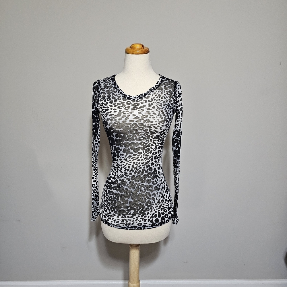 Express Leopard Print Sheer Mesh Long Sleeve Top XS